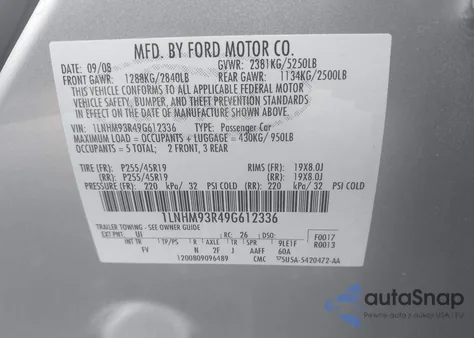 2009 Lincoln Mks z USA, uszkodzony, nr VIN 1LNHM93R49G612336